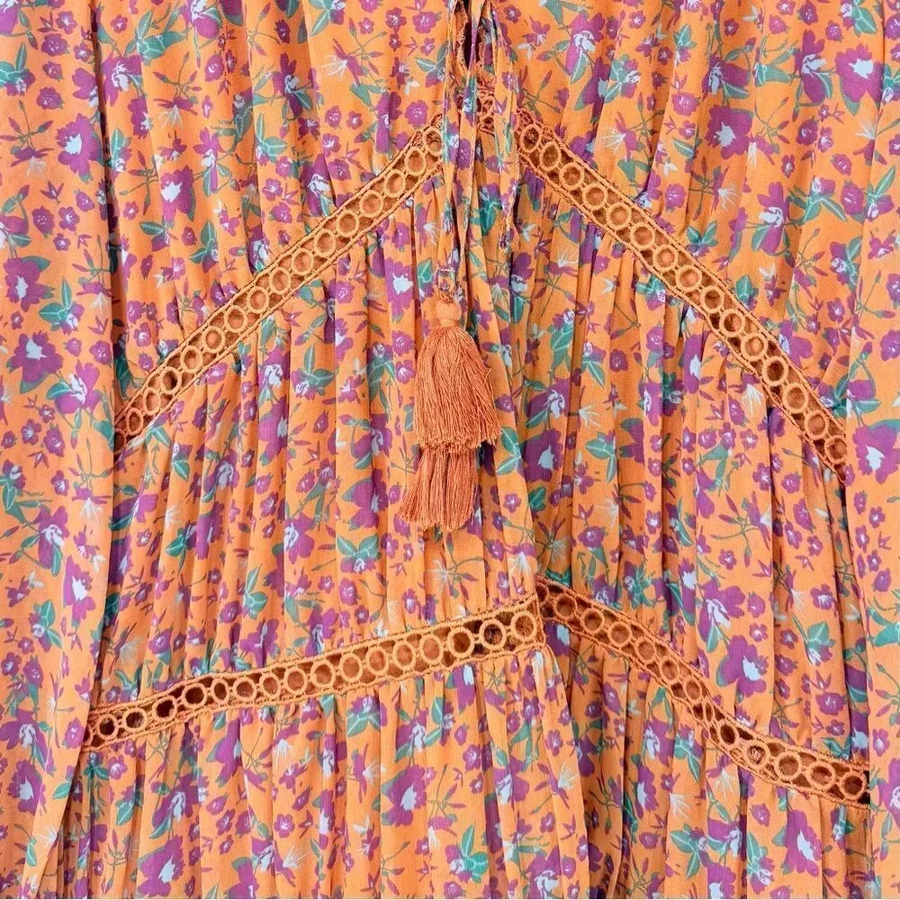 Rebecca Minkoff CADEN Dark Orange Magenta Floral Boho Chic Tiered Peasant Dress - Picture 8 of 16